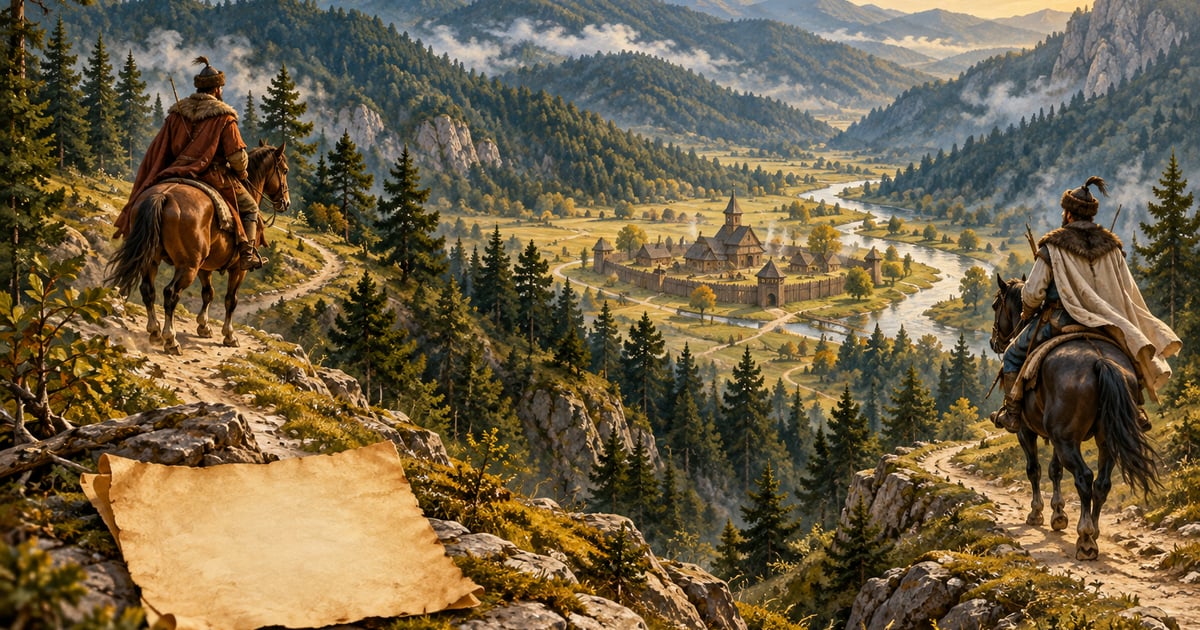 Două drumuri peste Carpați converg spre o așezare medievală, într-o ilustrație simbolică.