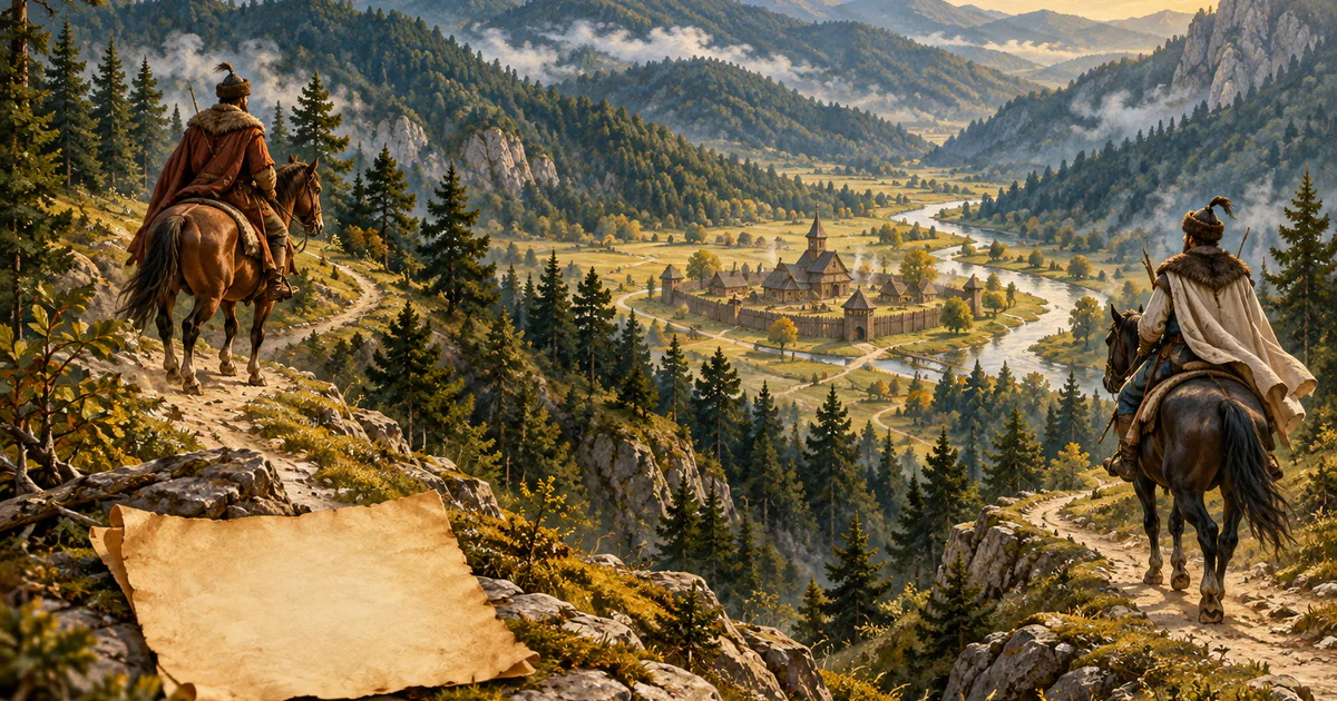 Două drumuri peste Carpați converg spre o așezare medievală, într-o ilustrație simbolică.