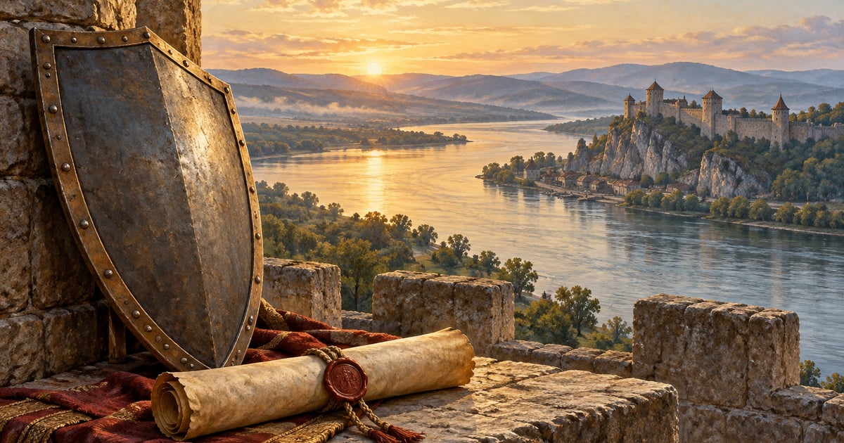 Un pergament de alianță și un scut medieval în fața Dunării sugerează diplomația și apărarea.