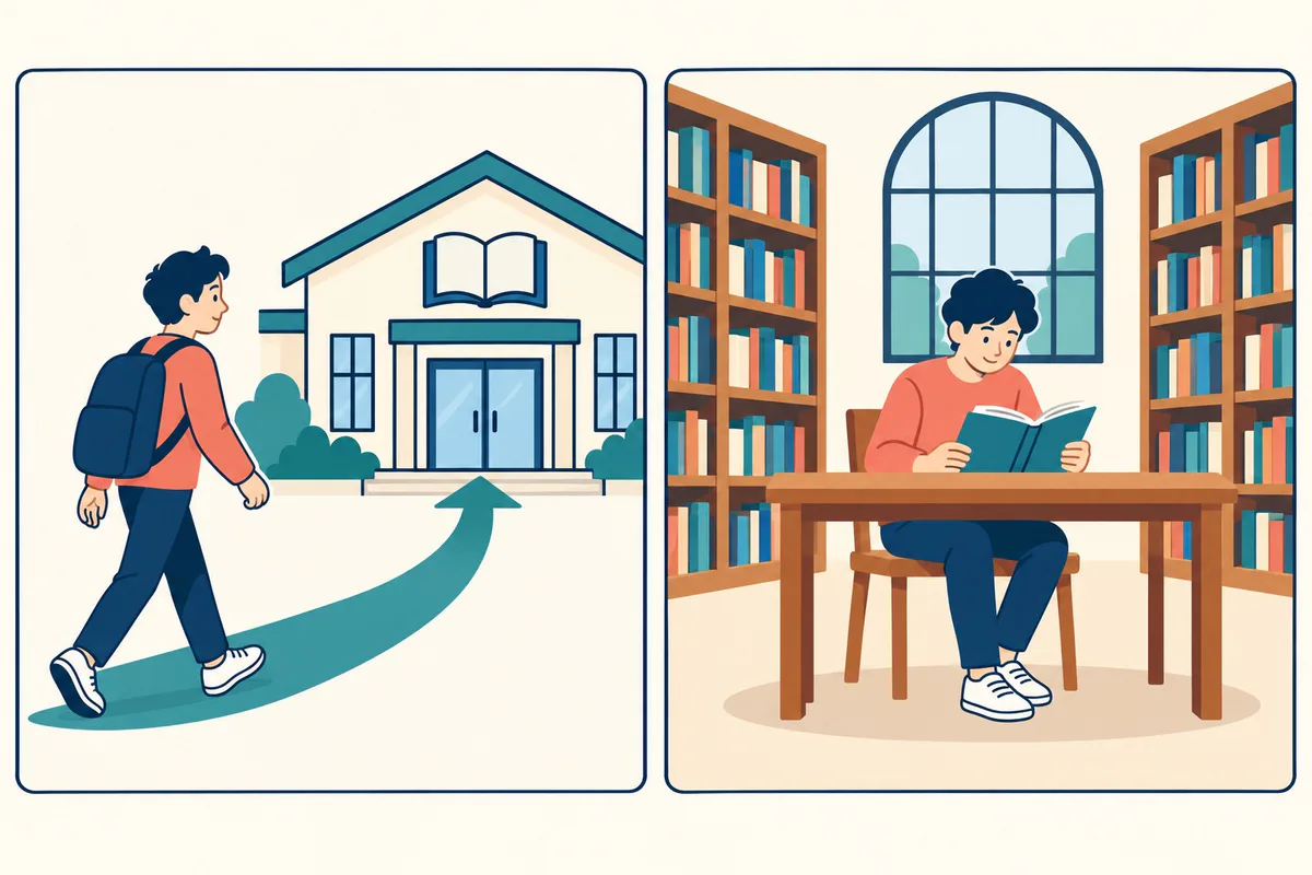 În stânga, o persoană merge spre bibliotecă; în dreapta, aceeași persoană citește în bibliotecă.