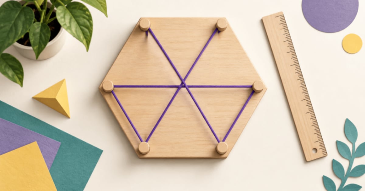 O placă hexagonală cu șase repere de lemn și fire violet întinse între unele vârfuri.
