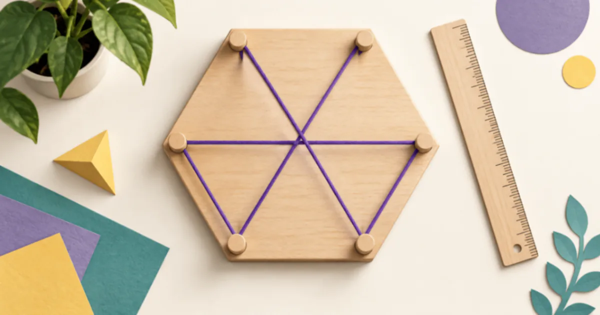 O placă hexagonală cu șase repere de lemn și fire violet întinse între unele vârfuri.