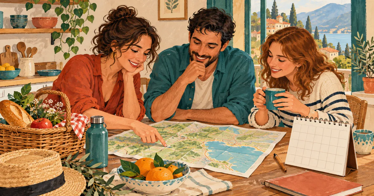 Trei prieteni planifică o ieșire la masa din bucătărie, cu hartă, coș de picnic și calendar.