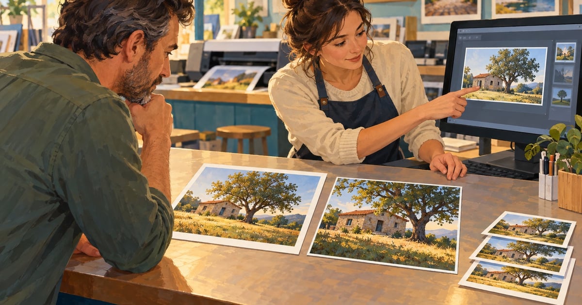 Un bărbat compară fotografii ale unei case cu un copac la un atelier de imprimare, în timp ce o angajată arată previzualizarea.