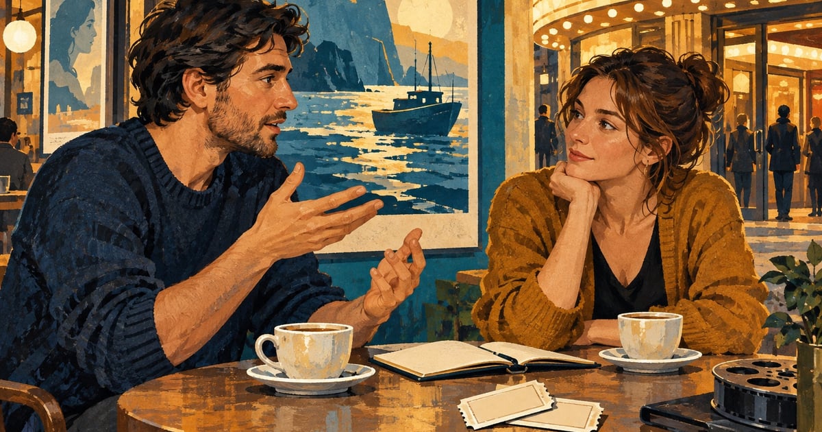 Doi prieteni discută despre un film la o cafenea, cu bilete pe masă și o ilustrație cu o barcă în fundal.