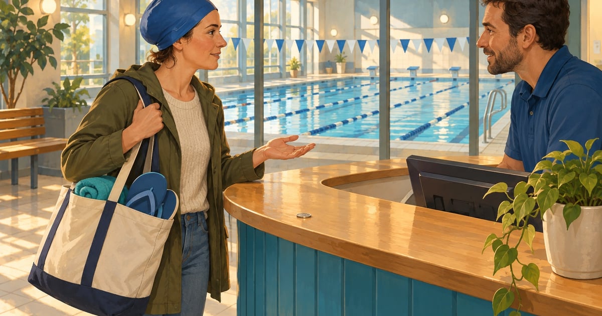 O femeie cu echipament de înot în geantă întreabă un angajat la recepția piscinei, lângă o monedă pentru dulap.