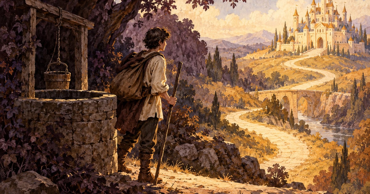 Un tânăr călător fictiv între o fântână și un drum luminos spre un palat, într-o ilustrație de basm.