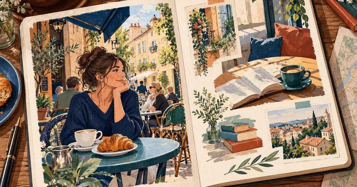 Un jurnal ilustrat deschis arată o vizită la cafenea, o carte și un peisaj urban.
