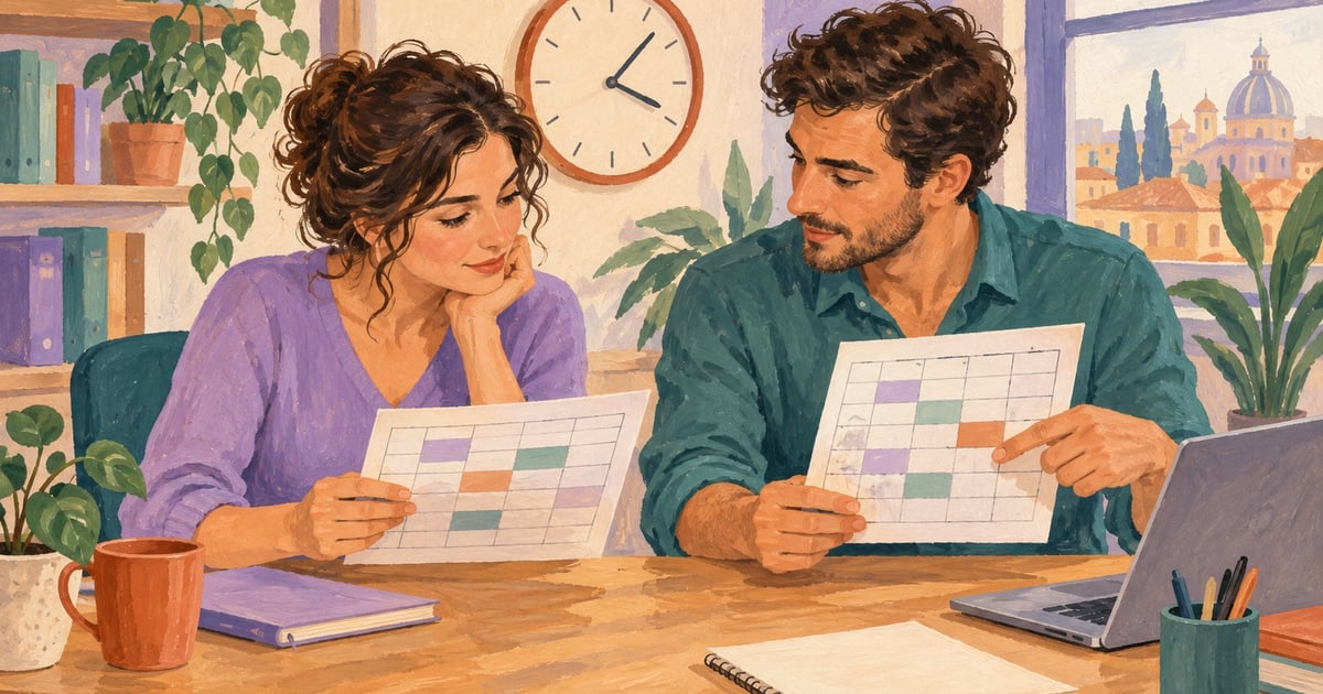 Doi colegi compară calendare cu intervale colorate pentru a stabili o nouă oră de întâlnire.