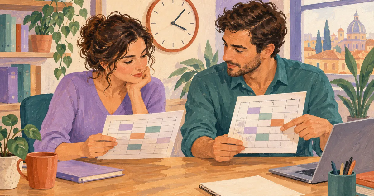 Doi colegi compară calendare cu intervale colorate pentru a stabili o nouă oră de întâlnire.