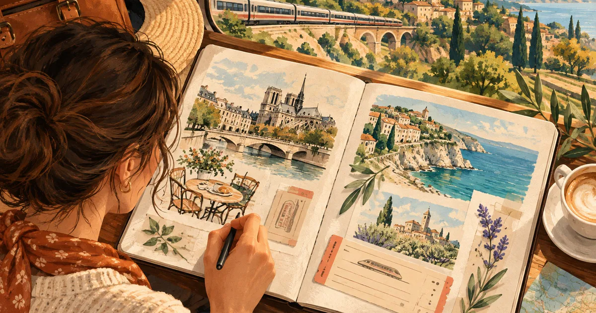 Un călător scrie într-un jurnal lângă o hartă și amintiri ilustrate dintr-o excursie.