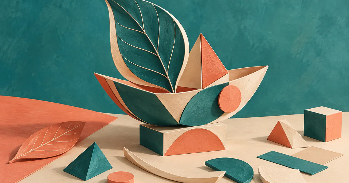 O sculptură din hârtie care combină o barcă, o frunză și forme geometrice, ca metaforă pentru procedee imaginative.
