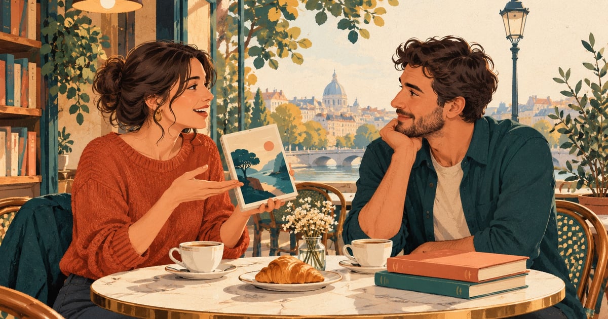 O femeie îi recomandă unui prieten o carte ilustrată, la o masă de cafenea.
