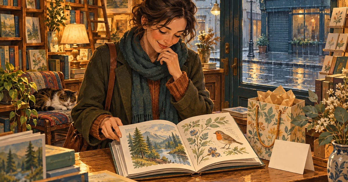 O femeie descoperă o carte ilustrată într-o librărie mică, lângă o pungă de cadou și o felicitare simplă.