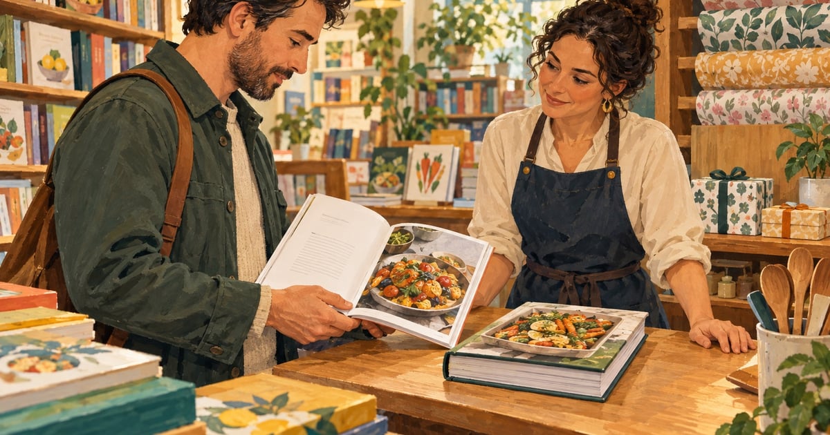Un client compară două cărți de gătit cu o librară, privind o pagină ilustrată și formatul volumelor.