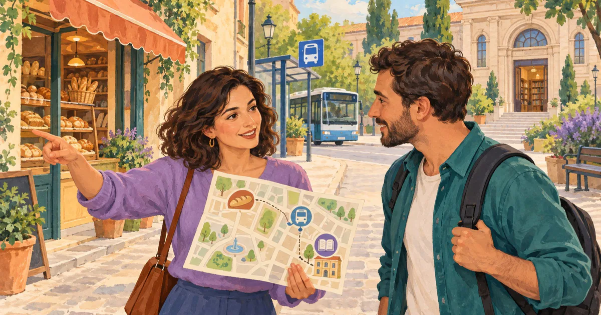 O colegă îi arată unui nou venit o hartă cu o brutărie, o stație de autobuz și o bibliotecă.