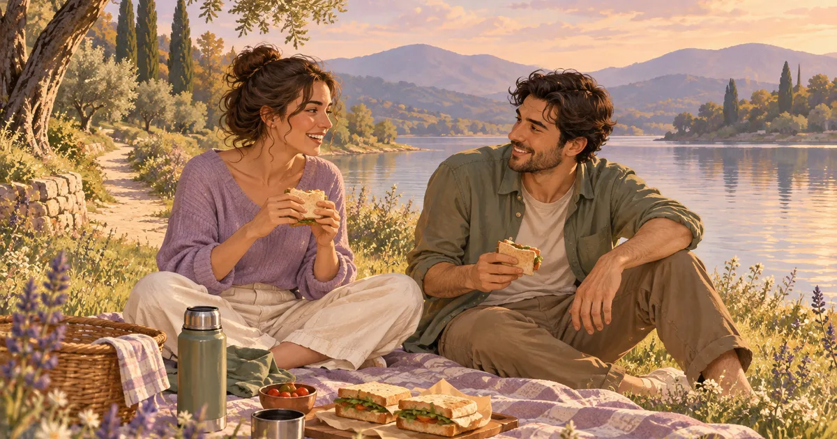 Două persoane discută și mănâncă sandvișuri pe o pătură de picnic lângă un lac, cu un termos alături.
