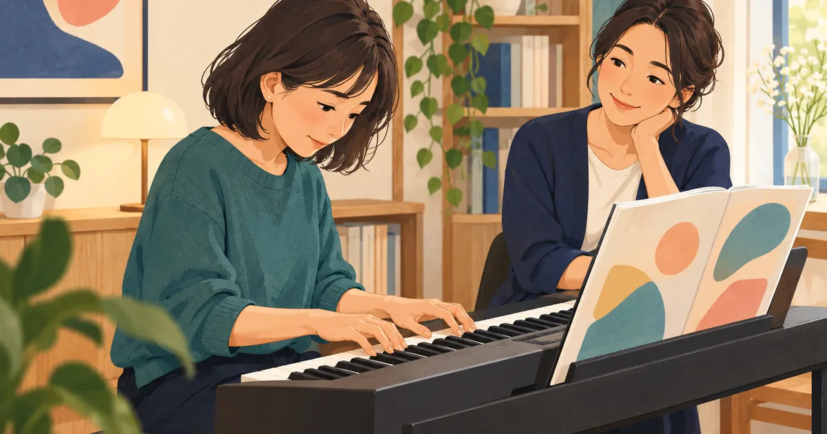 O cursantă cântă la o claviatură, în timp ce profesoara o urmărește atent de cealaltă parte a instrumentului.