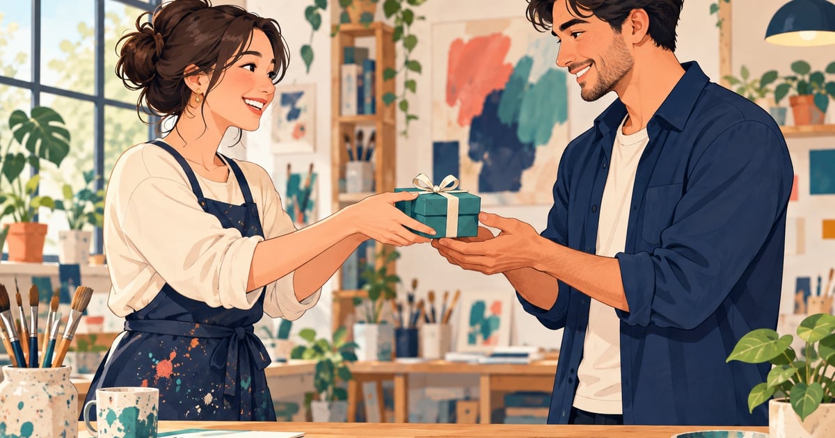 O femeie oferă o cutie de cadou albastru-verzuie unui prieten care o primește cu ambele mâini.