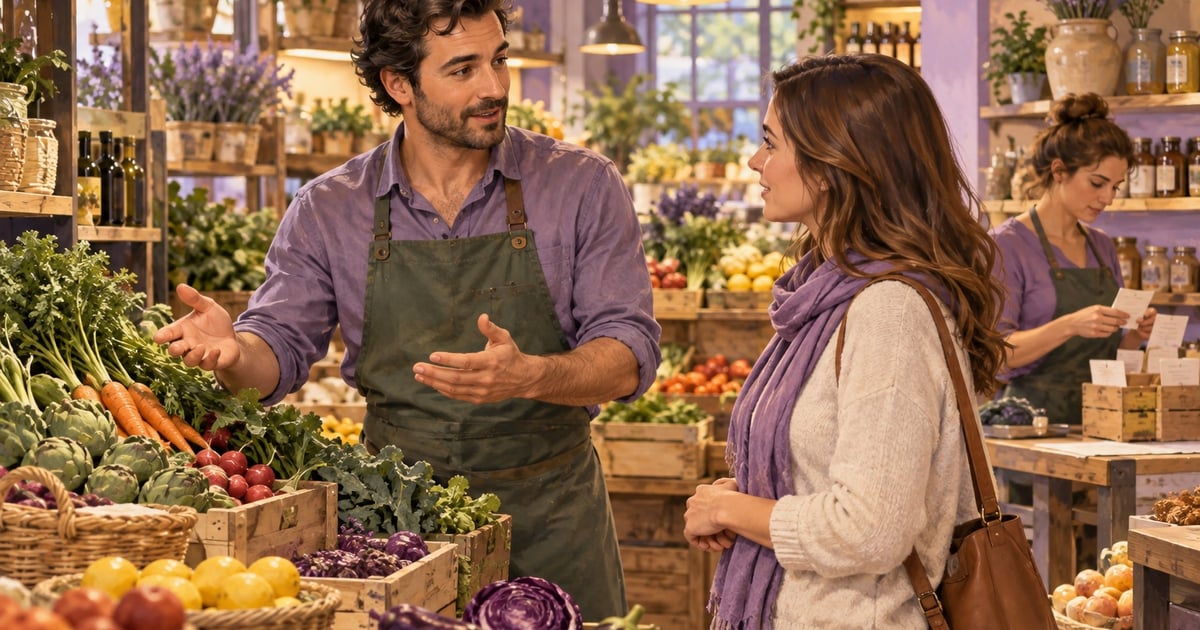 Un angajat al unui magazin alimentar vorbește cu o vizitatoare, iar o colegă sortează fișe lângă produse.