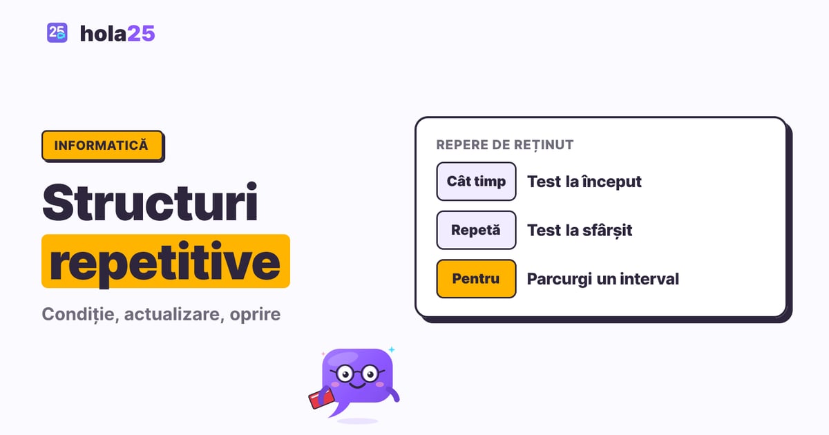 Structuri repetitive: cât timp, repetă și pentru. Cât timp: Test la început. Repetă: Test la sfârșit. Pentru: Parcurgi un interval.