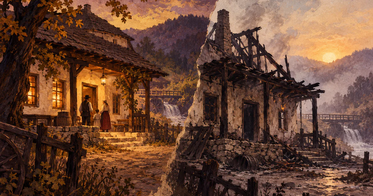 O cârciumă izolată văzută în două momente, o fereastră liniștită și o curte pustie la răsărit.