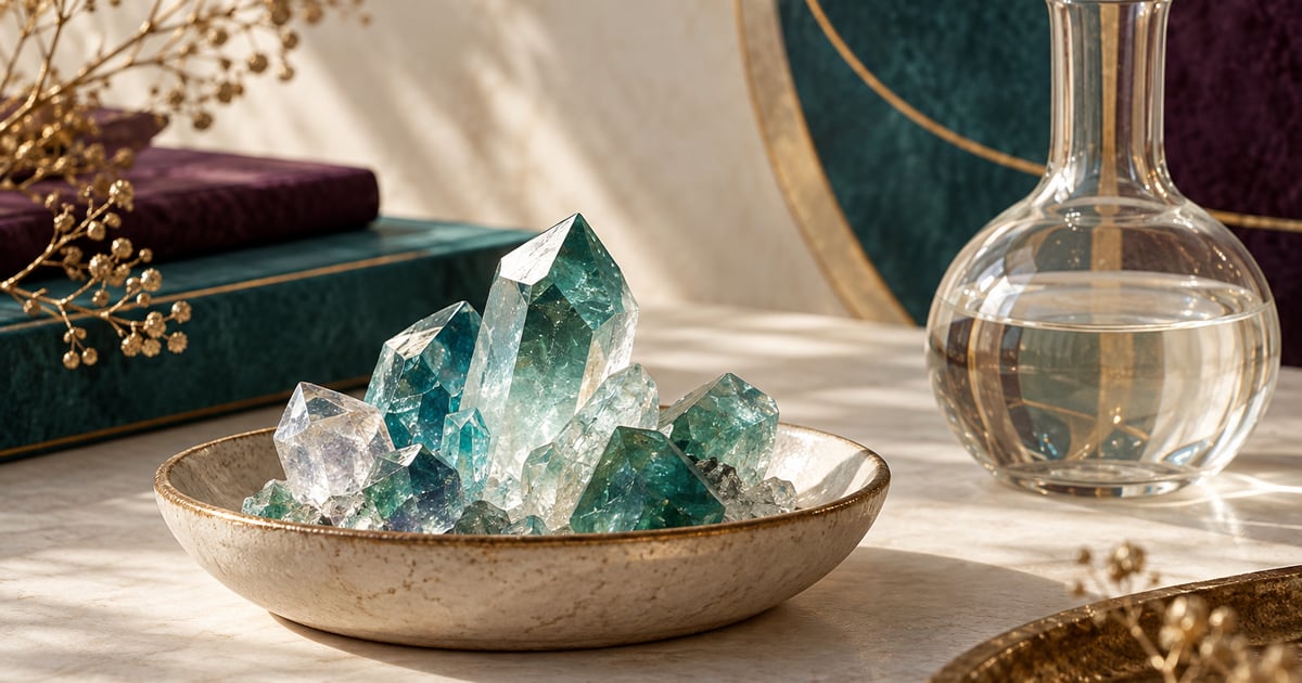 Cristale decorative într-un vas ceramic, ilustrație conceptuală pentru cristalizare.