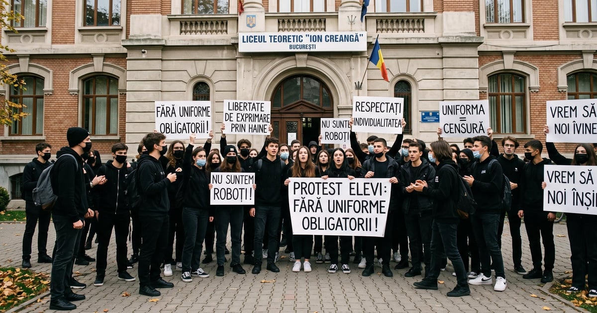 Ilustrație cu liceeni îmbrăcați în negru în fața unei școli, în semn de protest față de uniforma școlară obligatorie.