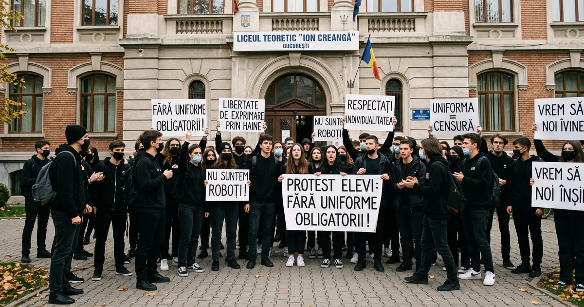 Ilustrație cu liceeni îmbrăcați în negru în fața unei școli, în semn de protest față de uniforma școlară obligatorie.