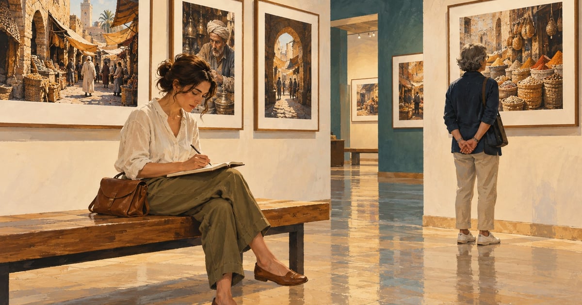 O femeie notează impresii pe o bancă din galerie, lângă fotografii cu o piață veche și un alt vizitator.