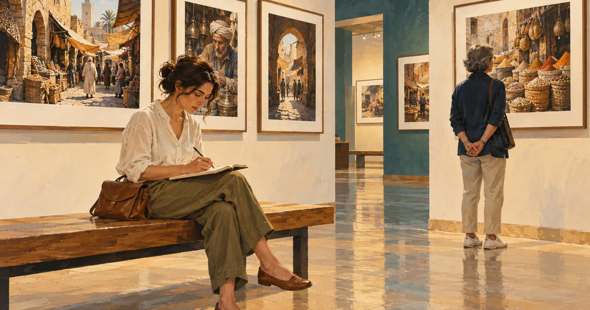 O femeie notează impresii pe o bancă din galerie, lângă fotografii cu o piață veche și un alt vizitator.