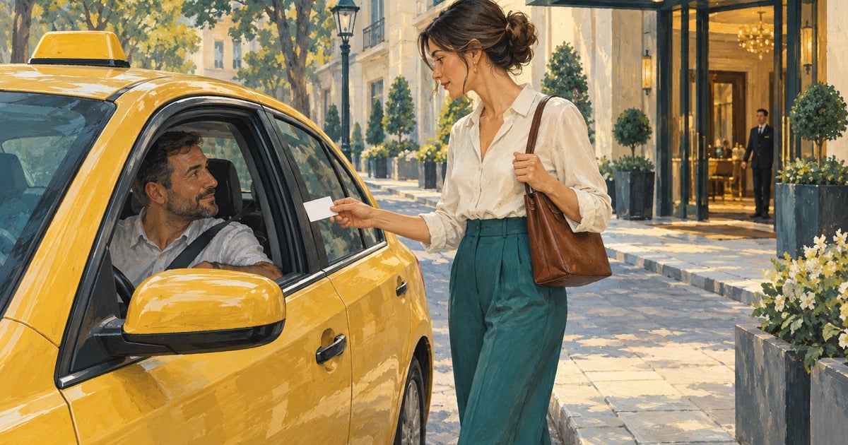 O pasageră arată șoferului unui taxi o adresă scrisă pe un cartonaș, pe o stradă liniștită lângă un hotel.
