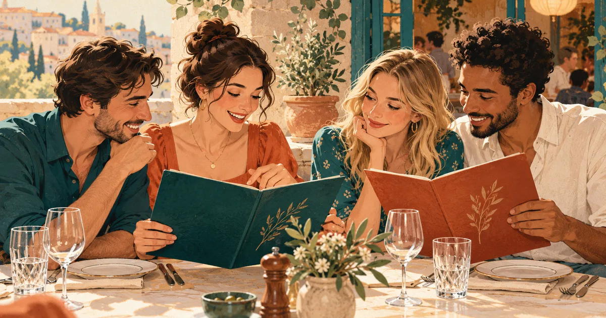 Două meniuri ilustrate și preparate diferite pe o masă de restaurant, într-o scenă de alegere.