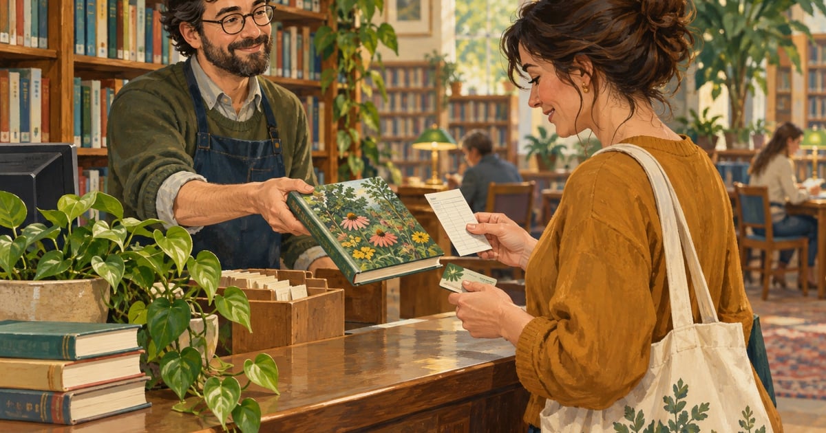 O cititoare primește o carte despre grădinărit și verifică documentul cu termenul de returnare la ghișeul bibliotecii.