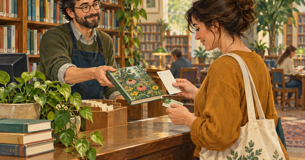 O cititoare primește o carte despre grădinărit și verifică documentul cu termenul de returnare la ghișeul bibliotecii.