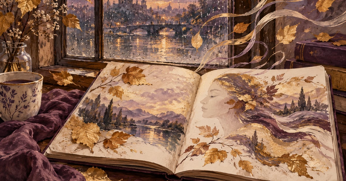 O pagină de poezie cu ploaie, lumină și frunze ilustrate ca percepții senzoriale într-o scenă calmă.