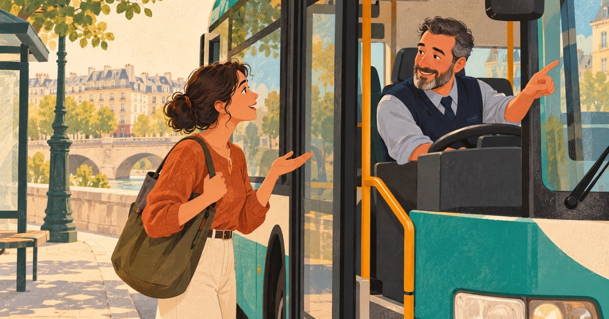 O călătoare întreabă un șofer despre direcție înainte să urce în autobuz.