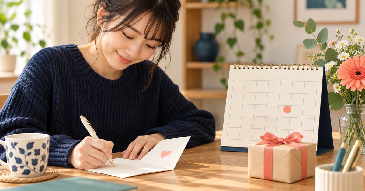 O tânără scrie o felicitare lângă un cadou și un calendar cu o zi marcată printr-un cerc corai.