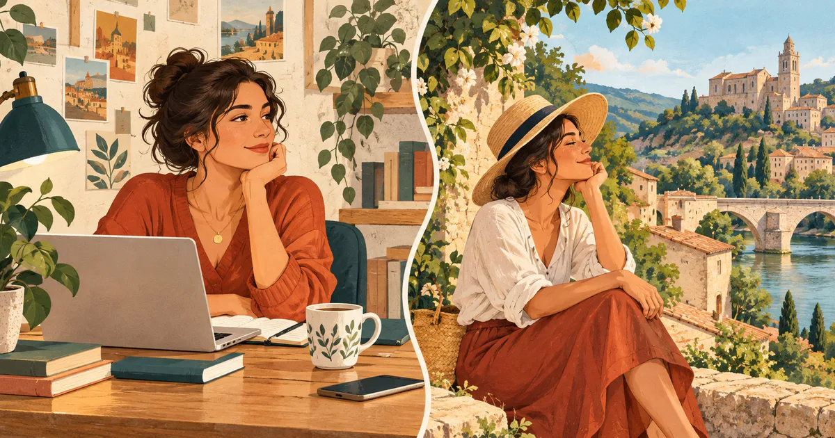 Aceeași femeie apare la biroul de acasă și într-o ieșire pe malul unui râu, ilustrând rutina și o zi diferită.