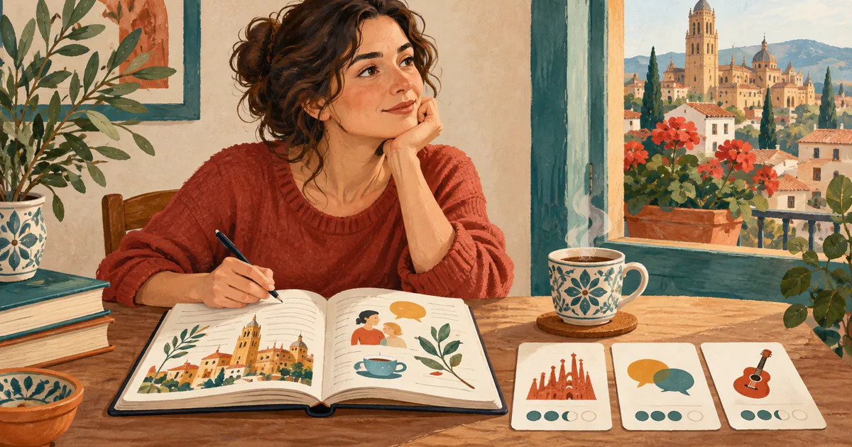 O femeie completează un jurnal de învățare lângă trei cartonașe care sugerează progresul.
