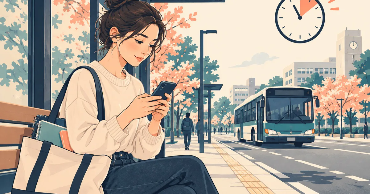 O tânără scrie un mesaj pe telefon în stația de autobuz, cu un caiet în geantă și un autobuz în depărtare.