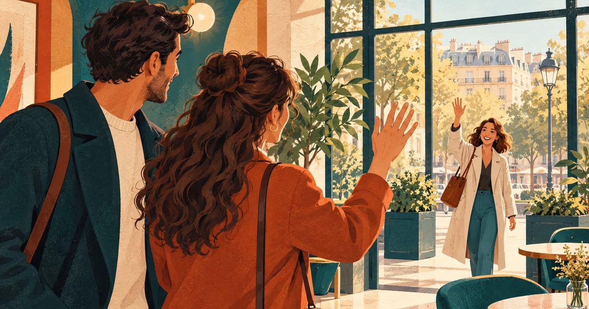 Două persoane salută o femeie în palton deschis la culoare, aflată la intrarea unei cafenele.