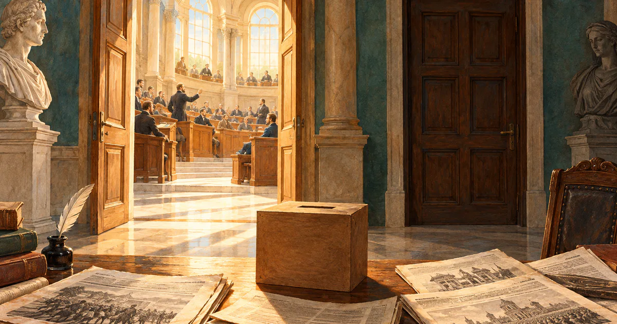 O sală de dezbatere luminată și o ușă închisă evocă diferența dintre pluralism și controlul politic.