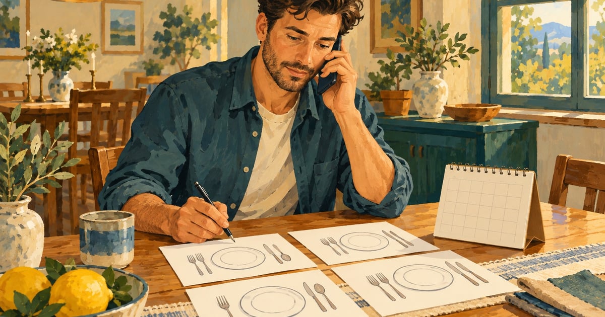 Un bărbat telefonează pentru o rezervare și verifică pe masă un calendar și o schiță cu patru locuri.