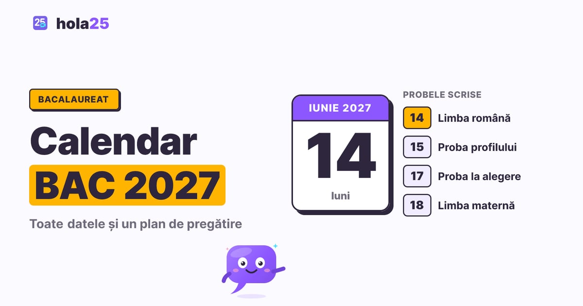 Filă de calendar cu 14 iunie 2027, prima probă scrisă de la Bacalaureat, și cele patru zile de examen