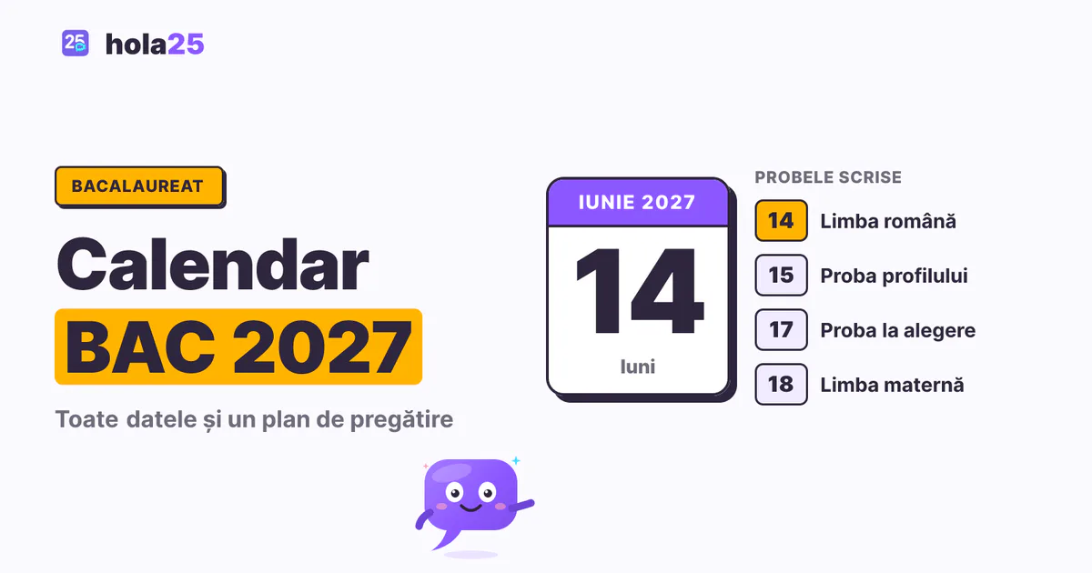 Filă de calendar cu 14 iunie 2027, prima probă scrisă de la Bacalaureat, și cele patru zile de examen
