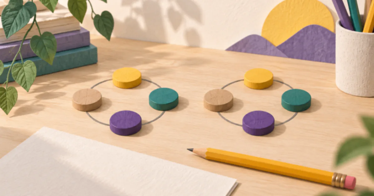 Două cercuri de jetoane colorate repetă aceeași ordine pe o masă de lucru.