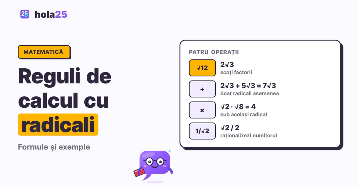 Patru operații cu radicali: scoaterea factorilor, adunarea radicalilor asemenea, înmulțirea și raționalizarea numitorului