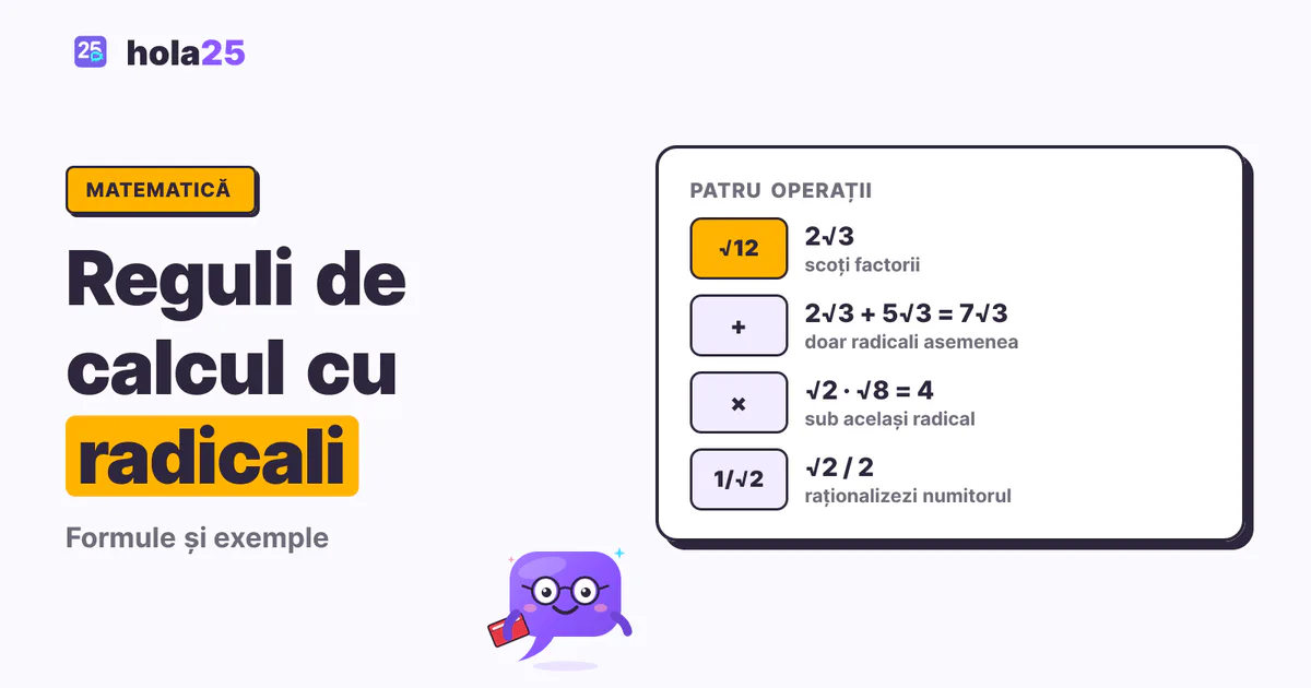 Patru operații cu radicali: scoaterea factorilor, adunarea radicalilor asemenea, înmulțirea și raționalizarea numitorului