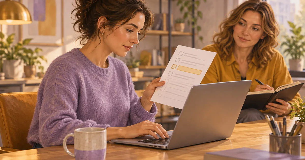 O angajată scrie la laptop și verifică o listă cu un câmp evidențiat, în timp ce o colegă ține un caiet.